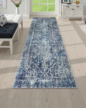 Morebes Vintage Runner Rugs for Hallway 2x6, Blue Washable Kitchen Runner Rug Non-Slip, Distressed Soft Low Pile Non-Shedding Indoor Floor Carpet for Entryway Bathroom Bedroom