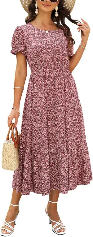 NAVINS Women Floral Print Puff Sleeve Tiered A-Line Swing Midi Dress with Pockets NA1002