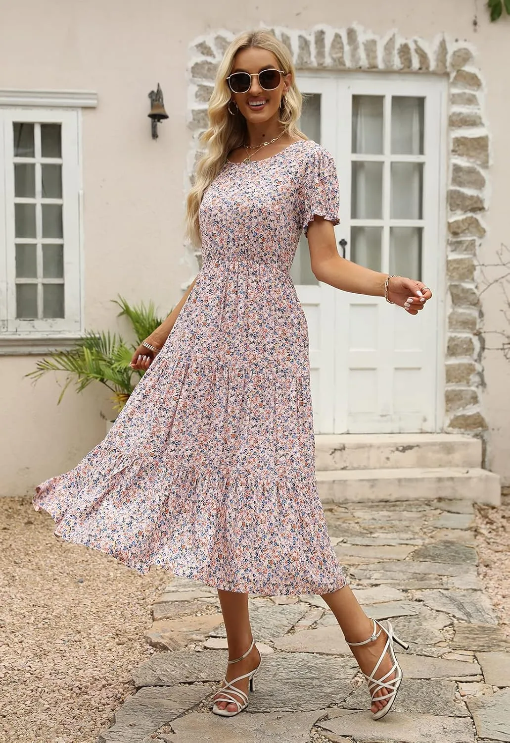 NAVINS Women Floral Print Puff Sleeve Tiered A-Line Swing Midi Dress with Pockets NA1002