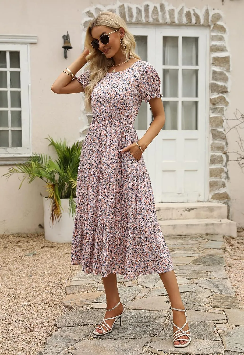 NAVINS Women Floral Print Puff Sleeve Tiered A-Line Swing Midi Dress with Pockets NA1002