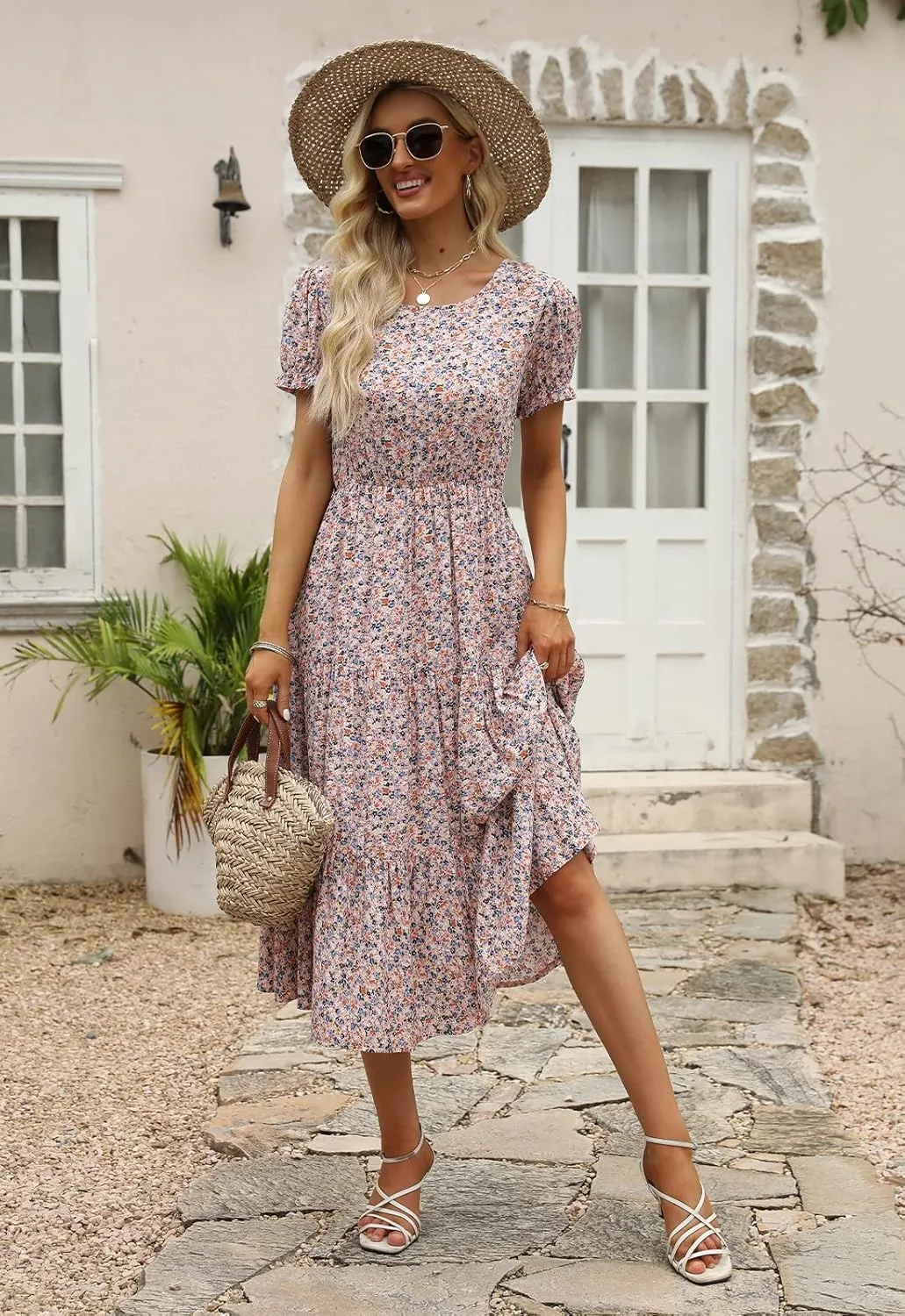NAVINS Women Floral Print Puff Sleeve Tiered A-Line Swing Midi Dress with Pockets NA1002