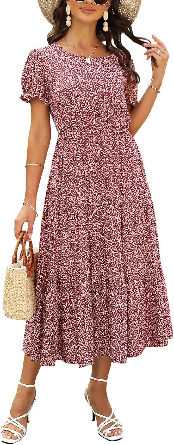 NAVINS Women Floral Print Puff Sleeve Tiered A-Line Swing Midi Dress with Pockets NA1002