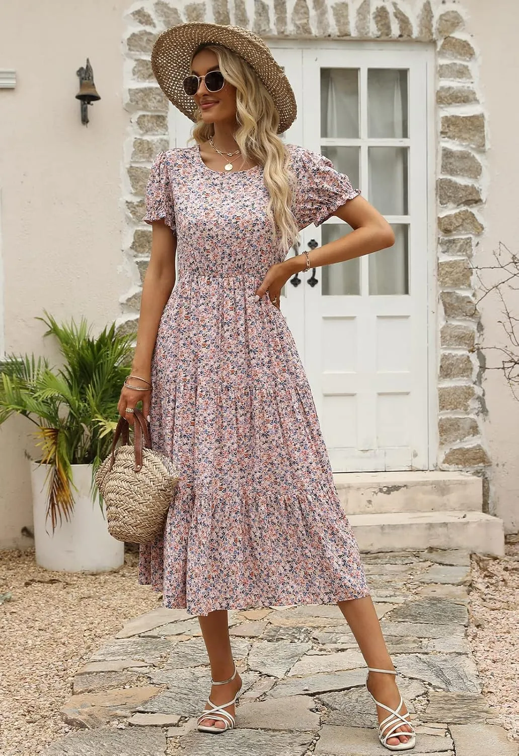 NAVINS Women Floral Print Puff Sleeve Tiered A-Line Swing Midi Dress with Pockets NA1002