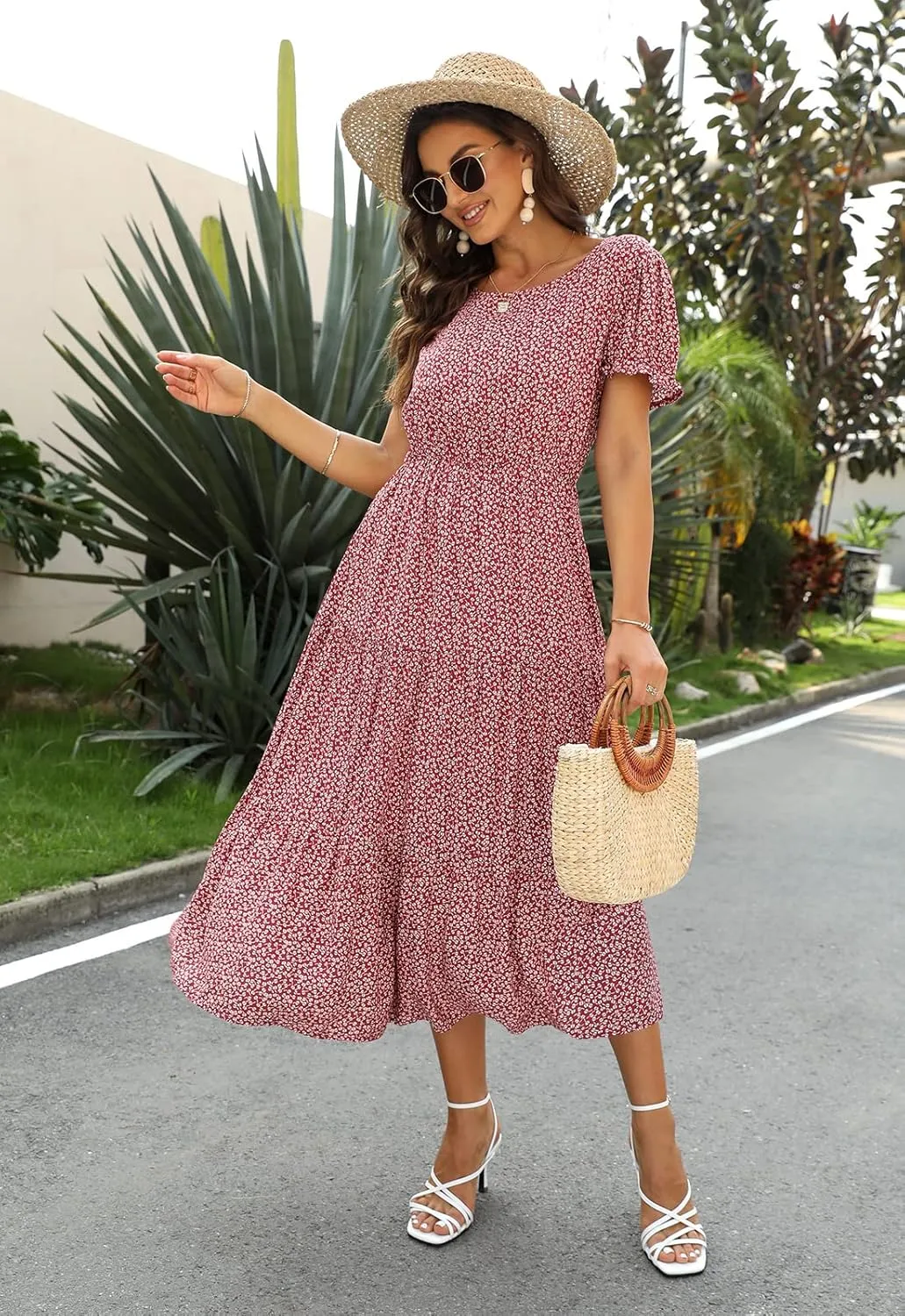 NAVINS Women Floral Print Puff Sleeve Tiered A-Line Swing Midi Dress with Pockets NA1002