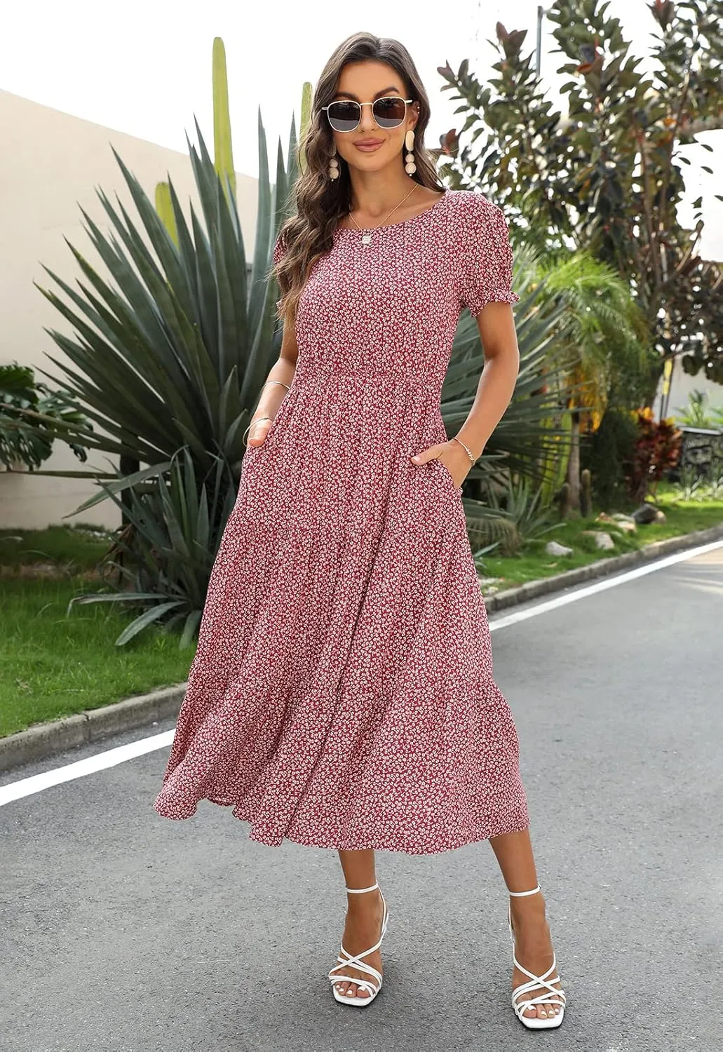 NAVINS Women Floral Print Puff Sleeve Tiered A-Line Swing Midi Dress with Pockets NA1002