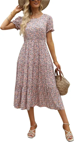 NAVINS Women Floral Print Puff Sleeve Tiered A-Line Swing Midi Dress with Pockets NA1002