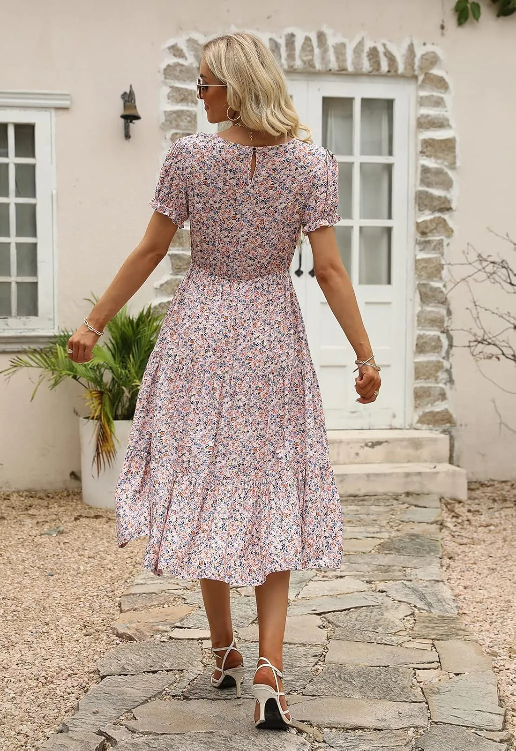 NAVINS Women Floral Print Puff Sleeve Tiered A-Line Swing Midi Dress with Pockets NA1002