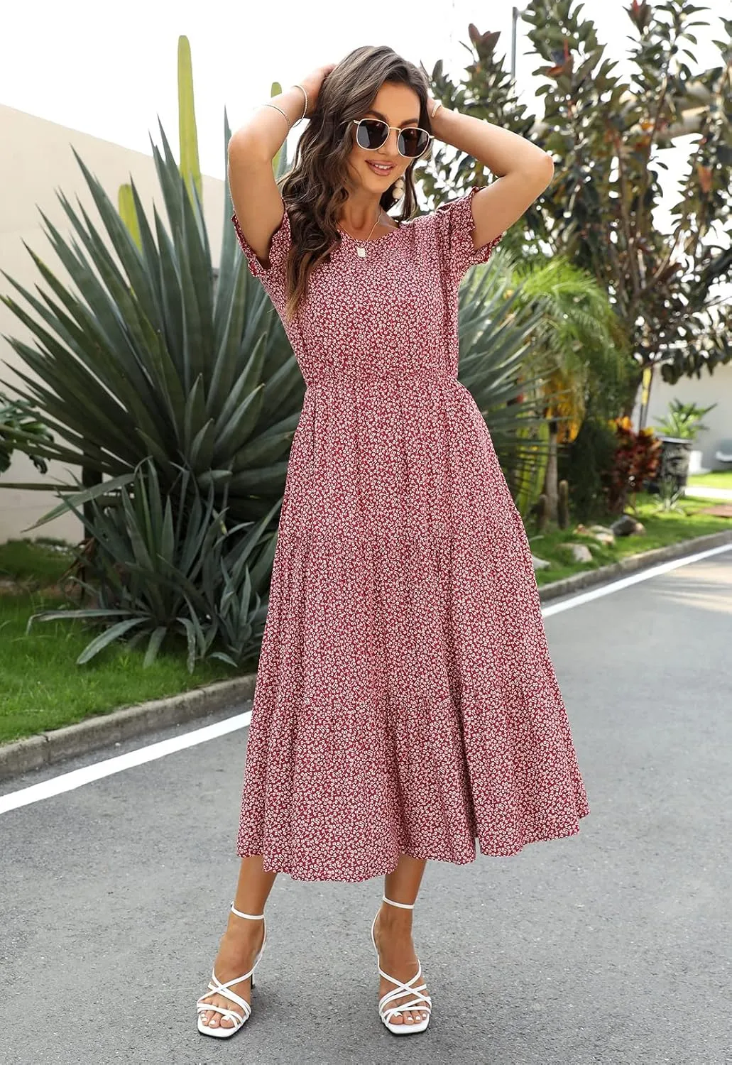 NAVINS Women Floral Print Puff Sleeve Tiered A-Line Swing Midi Dress with Pockets NA1002