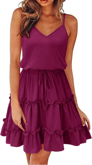 Newshows Women's 2025 Summer Dress Spaghetti Strap Casual Boho Beach Vacation Outfits Drawstring Ruffle Hem Sundress Trendy