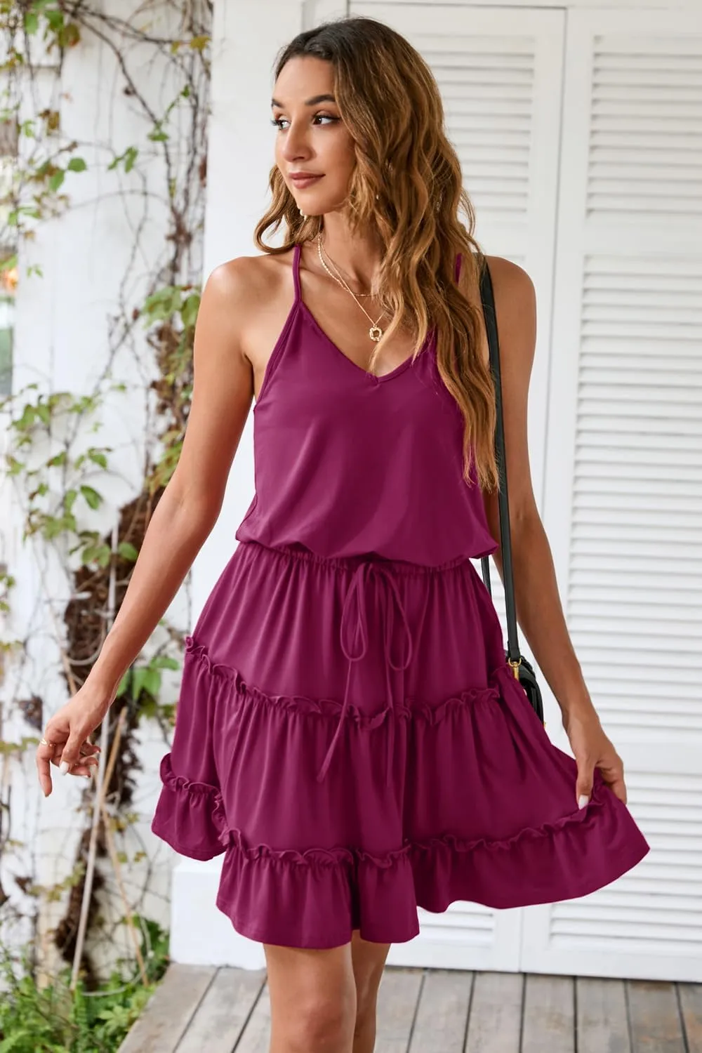 Newshows Women's 2025 Summer Dress Spaghetti Strap Casual Boho Beach Vacation Outfits Drawstring Ruffle Hem Sundress Trendy