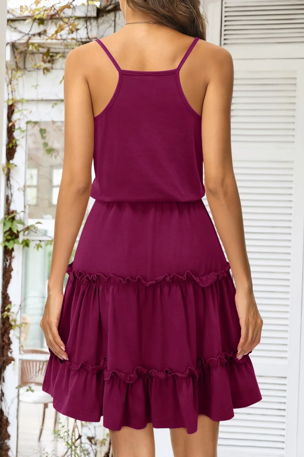Newshows Women's 2025 Summer Dress Spaghetti Strap Casual Boho Beach Vacation Outfits Drawstring Ruffle Hem Sundress Trendy