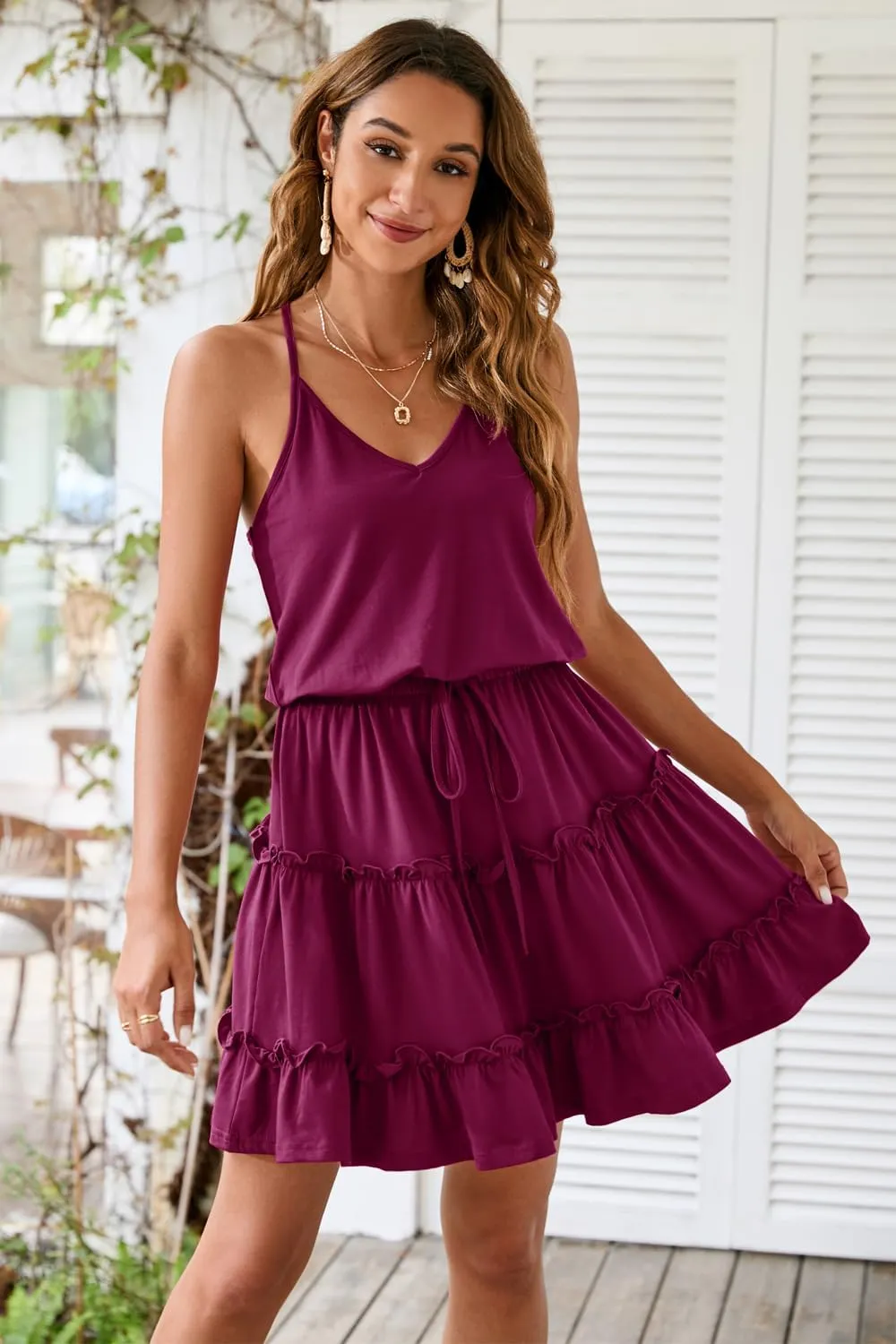 Newshows Women's 2025 Summer Dress Spaghetti Strap Casual Boho Beach Vacation Outfits Drawstring Ruffle Hem Sundress Trendy