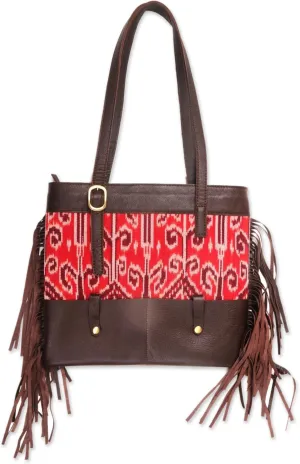 NOVICA Artisan Handmade Leather Cotton Ikat Shoulder Bag Fringed Brown Handbag Handbags Red Indonesia Woven Bohemian ' Jepara Primitive'