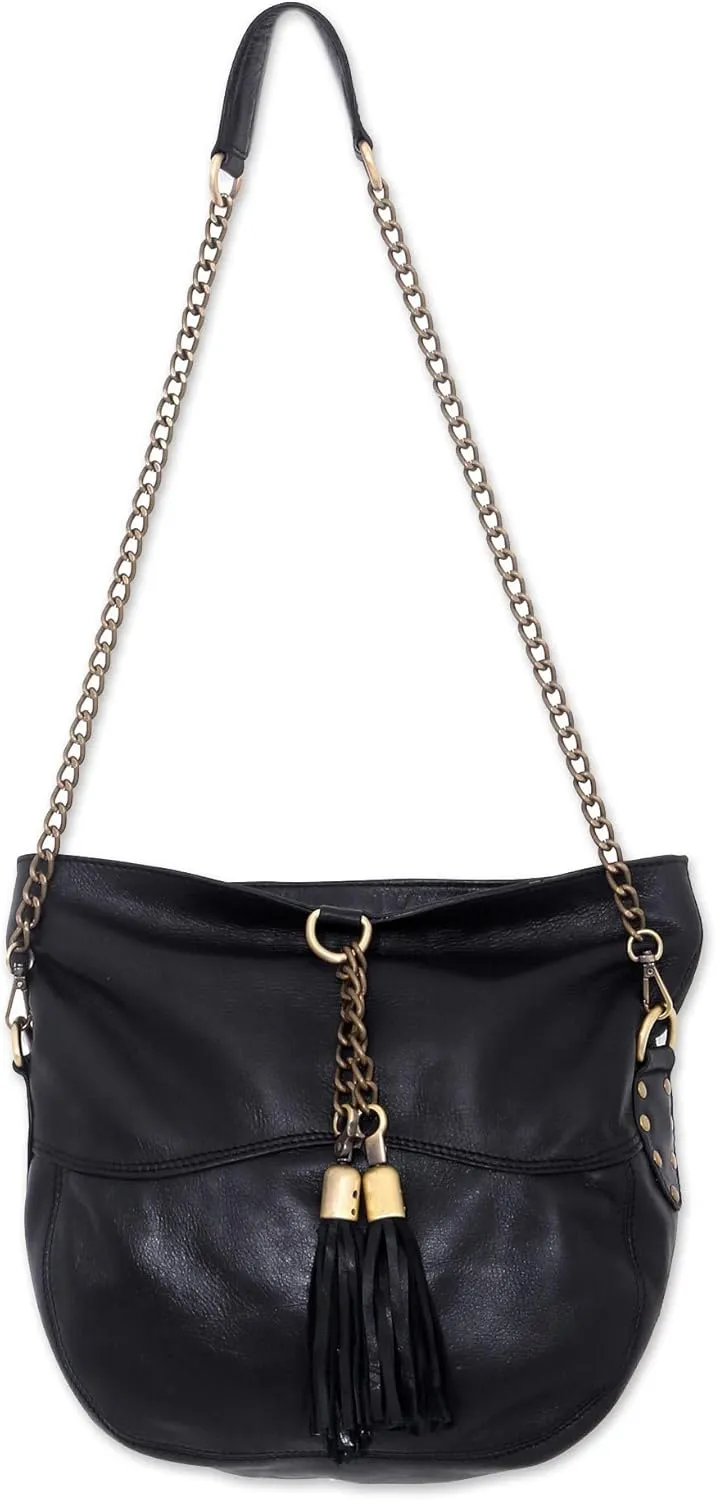 NOVICA Artisan Handmade Leather Shoulder Bag Charcoal Grey from Indonesia Handbags Black Hobo ' Stylish Lady'