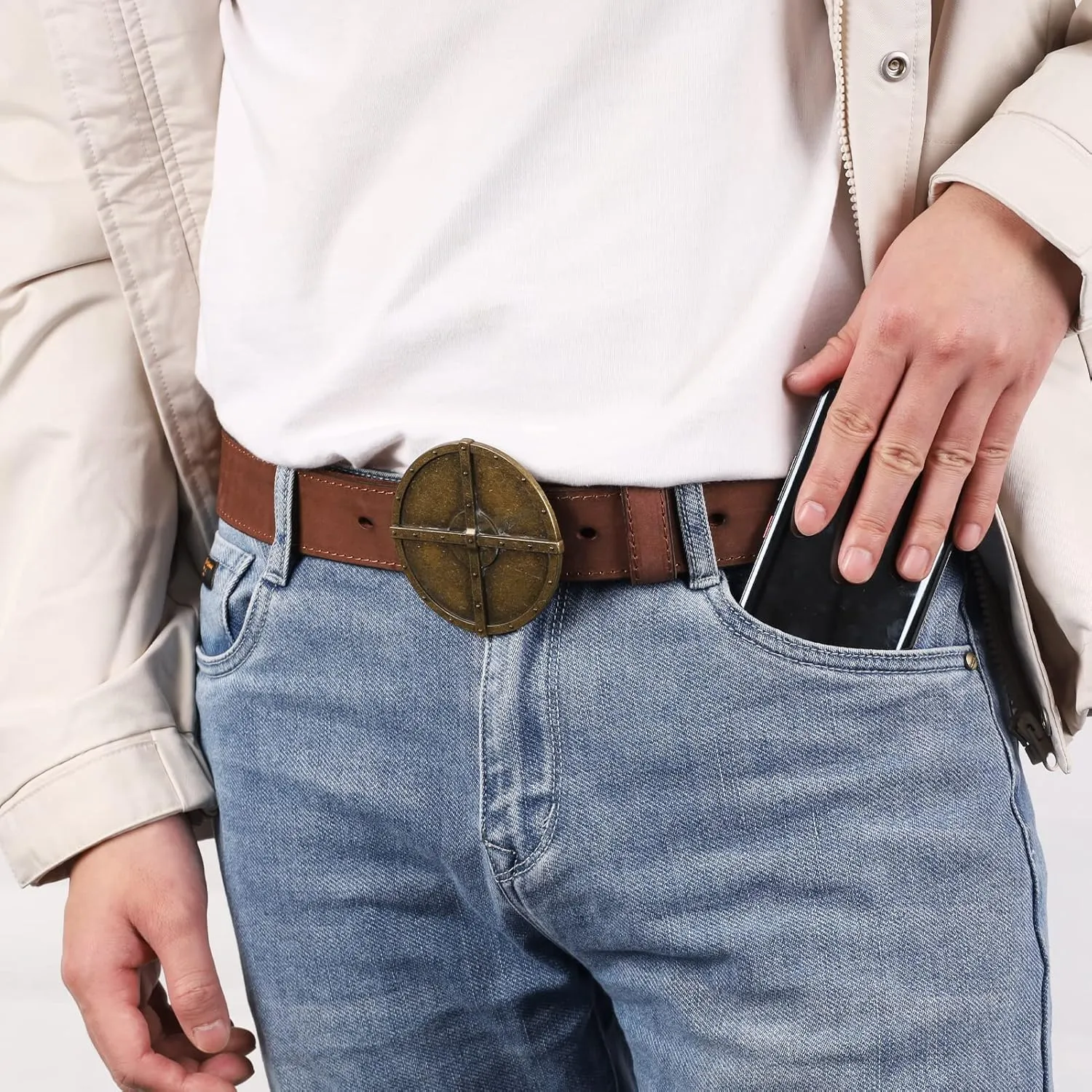 NPET Men's Full Grain Leather Belt Vintage Distressed Style with Snap-On Strap 1 1/2" Wide without Buckle