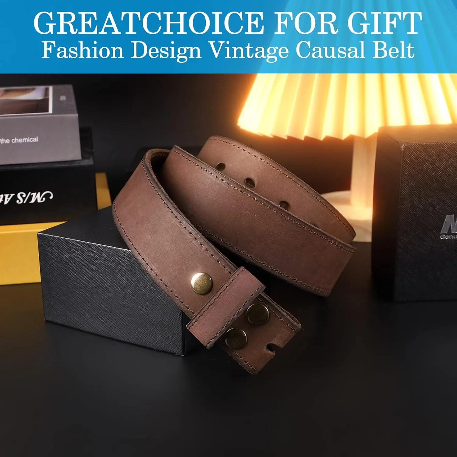 NPET Men's Full Grain Leather Belt Vintage Distressed Style with Snap-On Strap 1 1/2" Wide without Buckle