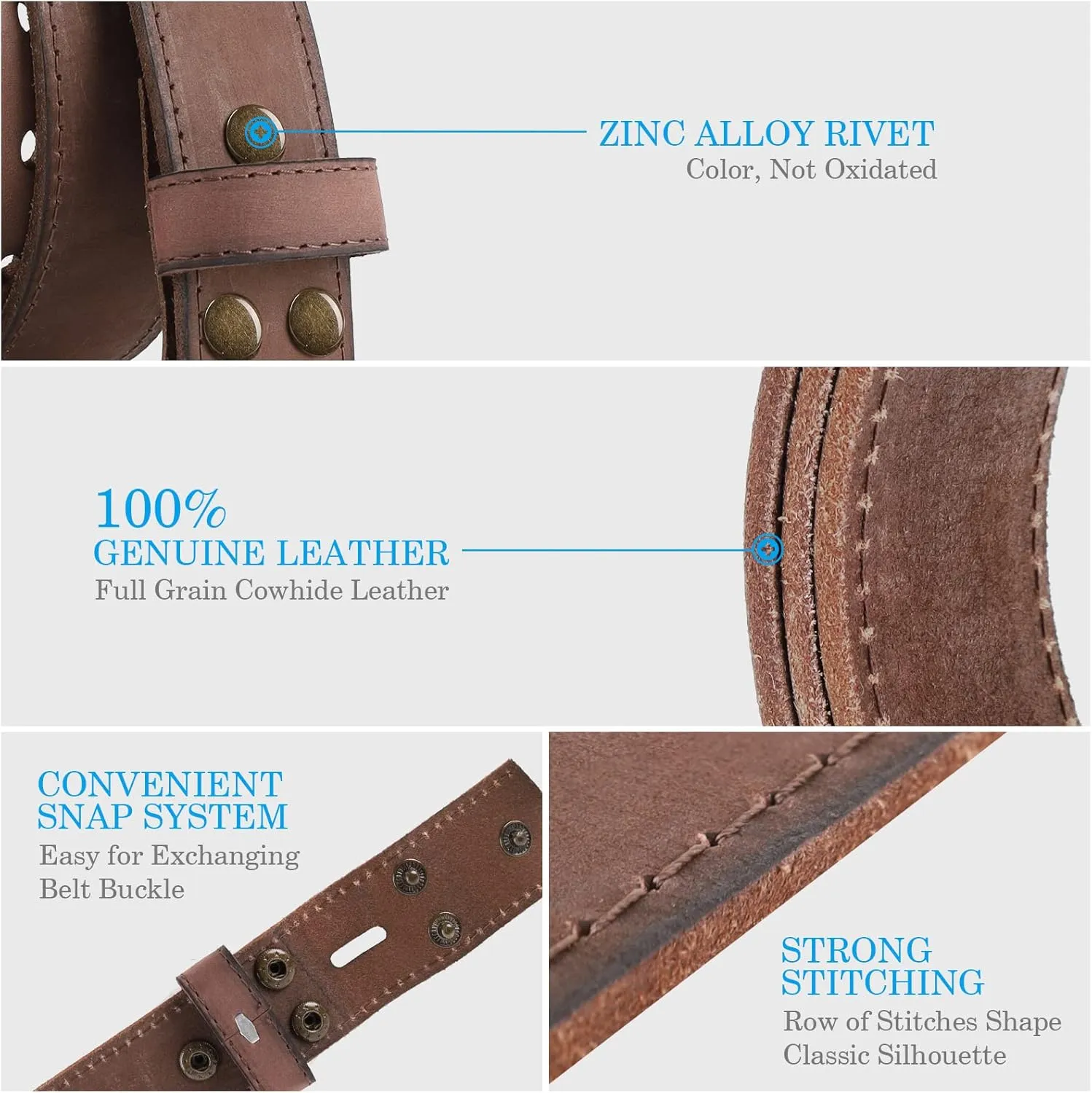 NPET Men's Full Grain Leather Belt Vintage Distressed Style with Snap-On Strap 1 1/2" Wide without Buckle