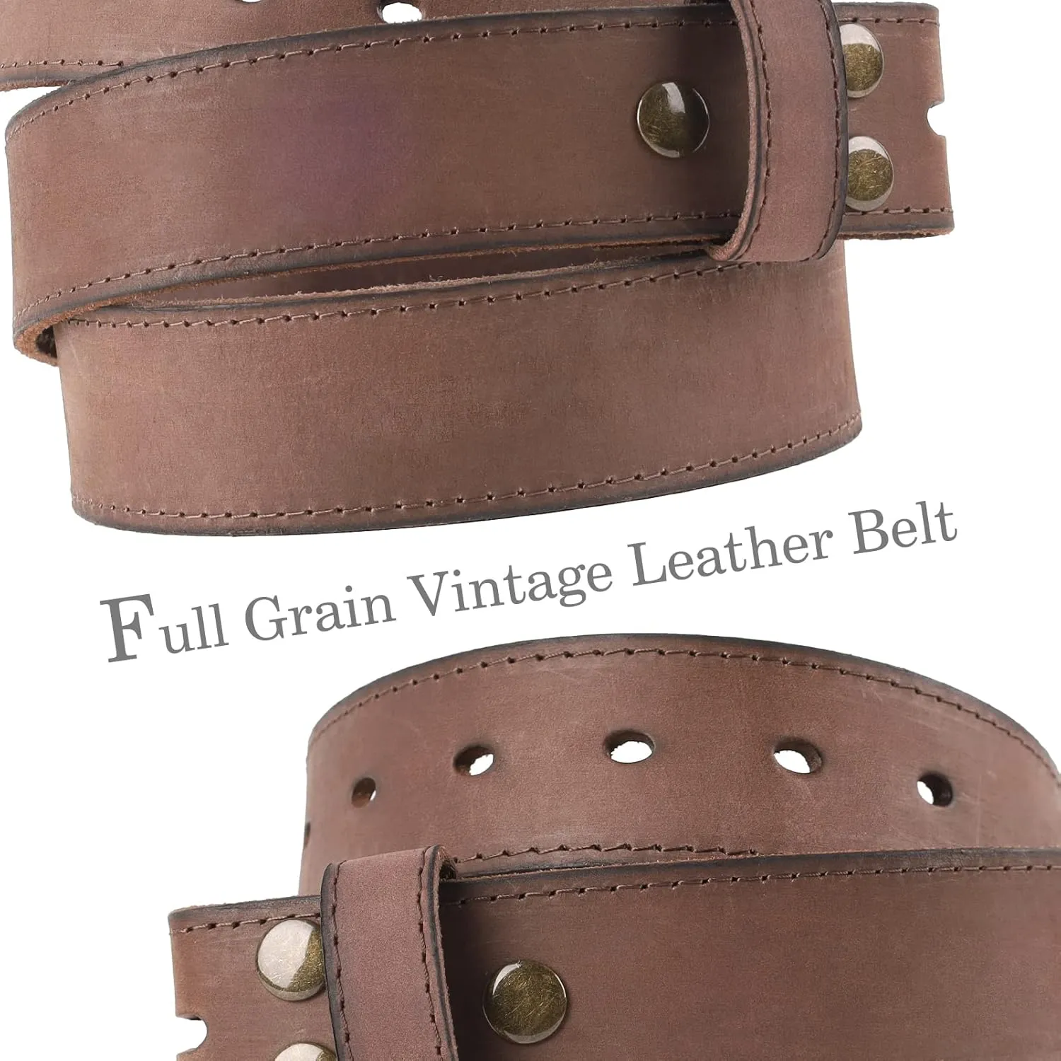 NPET Men's Full Grain Leather Belt Vintage Distressed Style with Snap-On Strap 1 1/2" Wide without Buckle