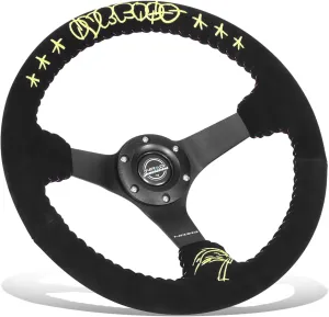 NRG Innovations RST-036MB-S-NVR Reinforced Steering Wheel - 350mm Sport Steering Wheel (3" Deep) - Matte Black Spoke/Suede Gold Stitch Nvr Embroidery