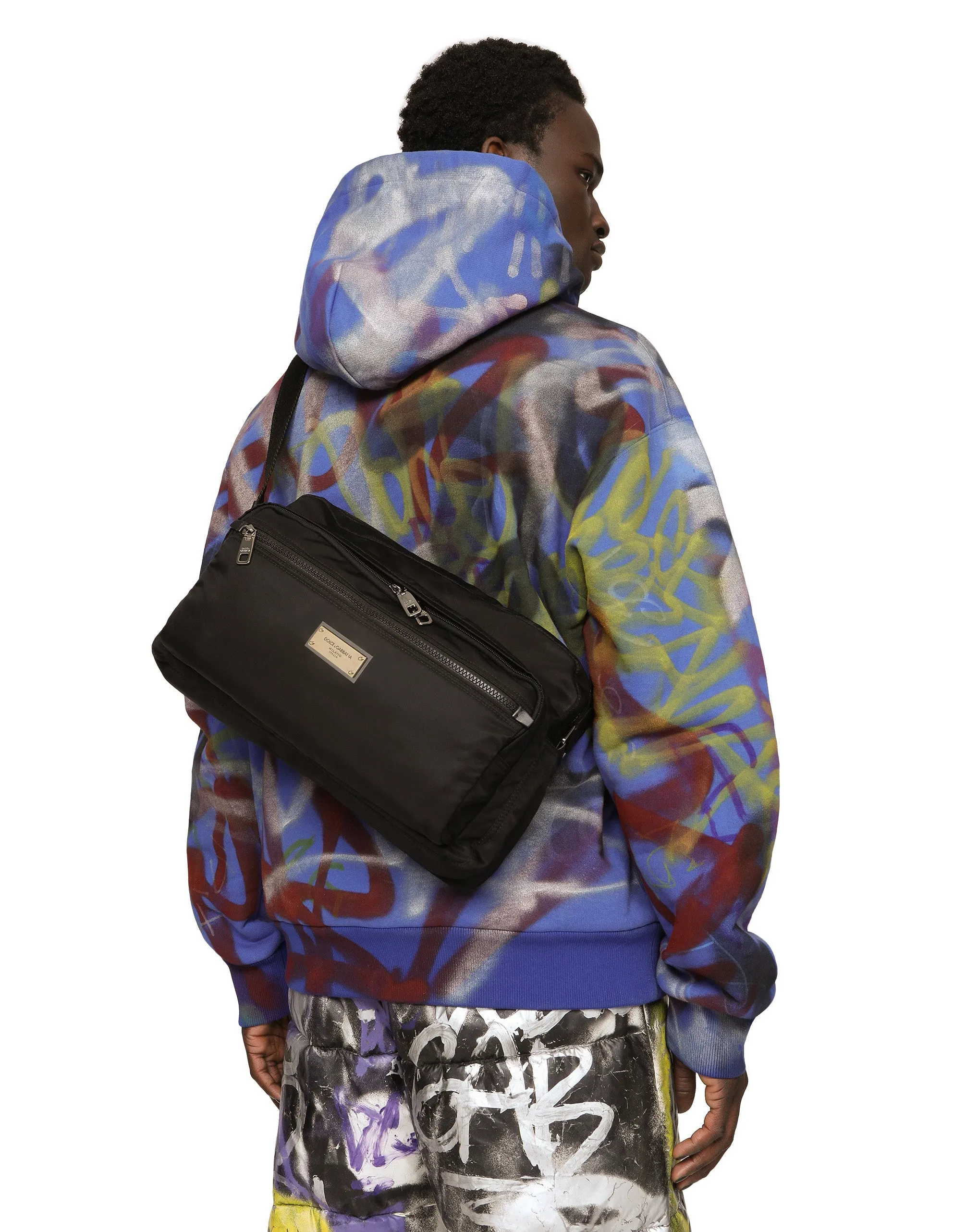 Nylon and calfskin nappa Nero Sicilia DNA bag