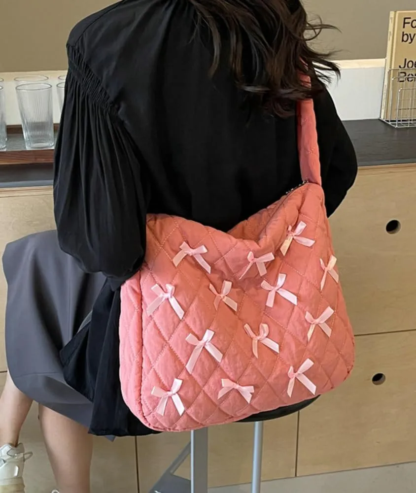 Nylon Hobo Bags for Women Fashion Shoulder Bag with Bowknot Slouchy Crossbody Bag Purse