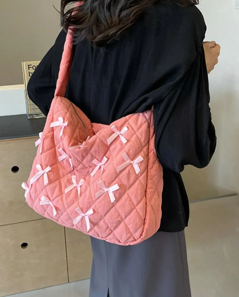 Nylon Hobo Bags for Women Fashion Shoulder Bag with Bowknot Slouchy Crossbody Bag Purse