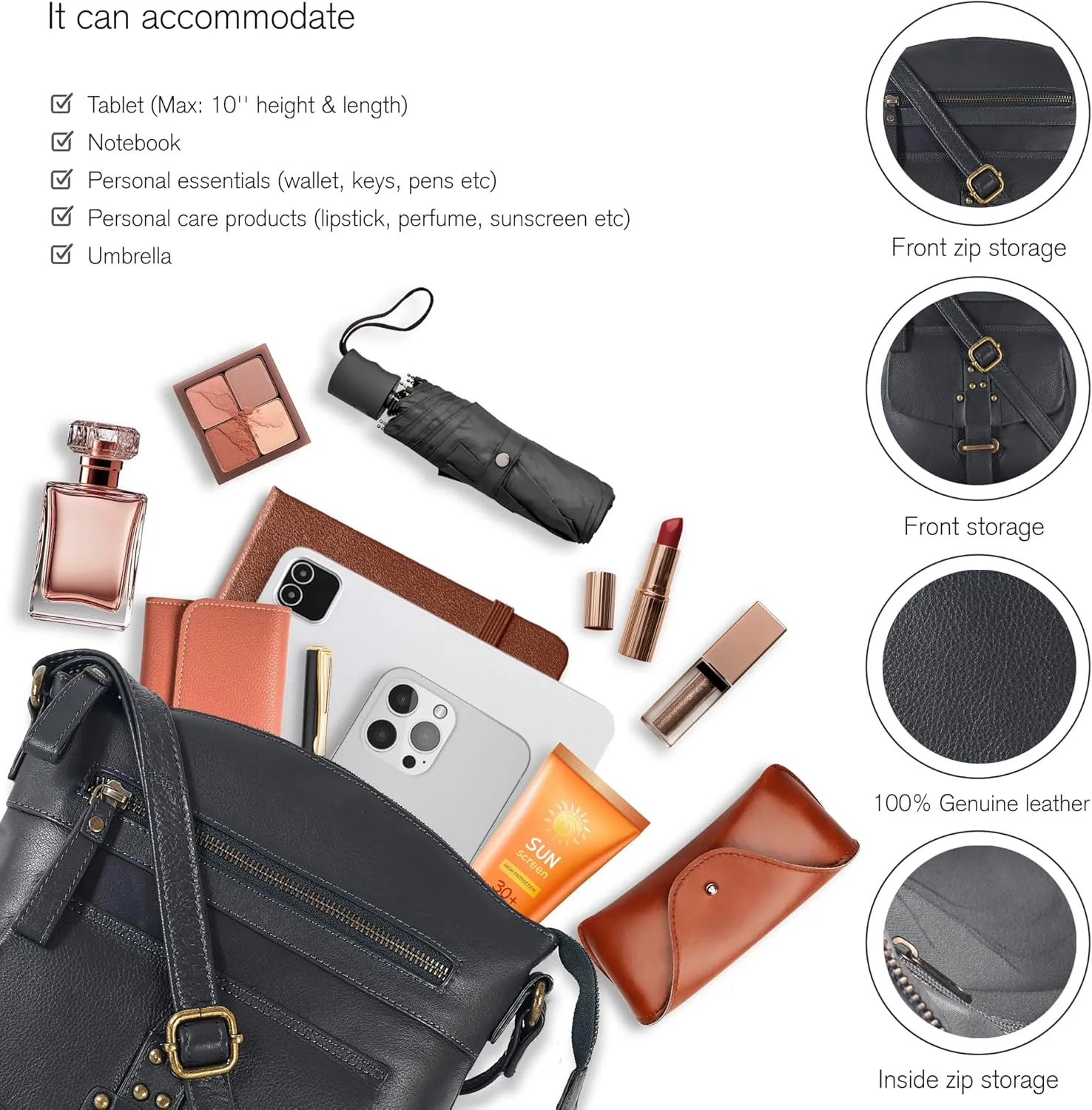 Oak Leathers Leather Crossbody Bag For Women With Adjustable Sling Strap - Medium Size Crossover Shoulder Handbag Purse