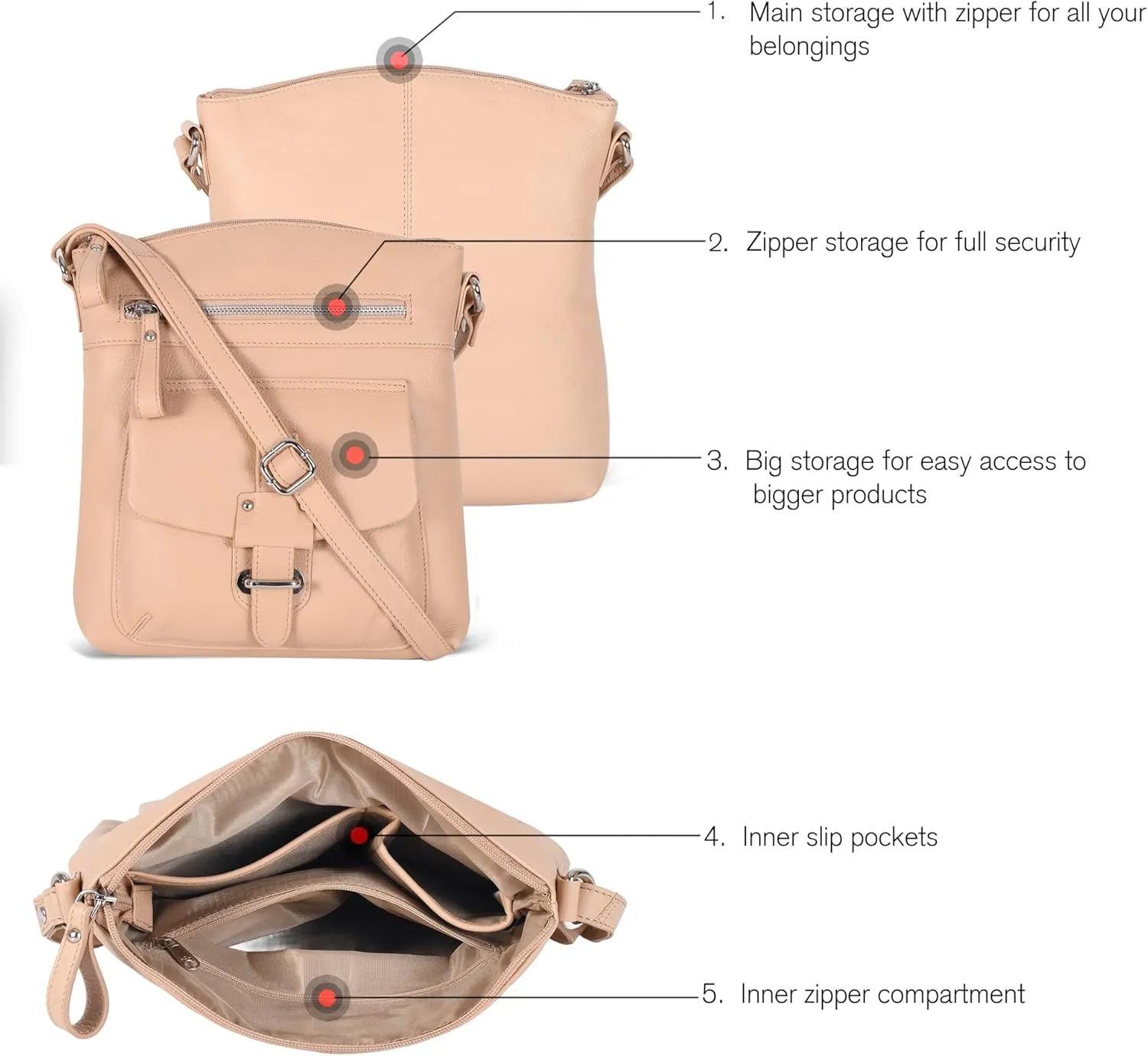 Oak Leathers Leather Crossbody Bag For Women With Adjustable Sling Strap - Medium Size Crossover Shoulder Handbag Purse