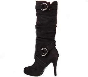 oiangi Women Stiletto Mid Calf Boots 2022 Winter Fashion Suede Round Toe Cross Belt Buckle Platform Thin High Heel Boots Solid Zipper Ladies Casual Shoes