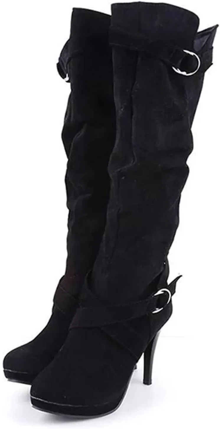 oiangi Women Stiletto Mid Calf Boots 2022 Winter Fashion Suede Round Toe Cross Belt Buckle Platform Thin High Heel Boots Solid Zipper Ladies Casual Shoes
