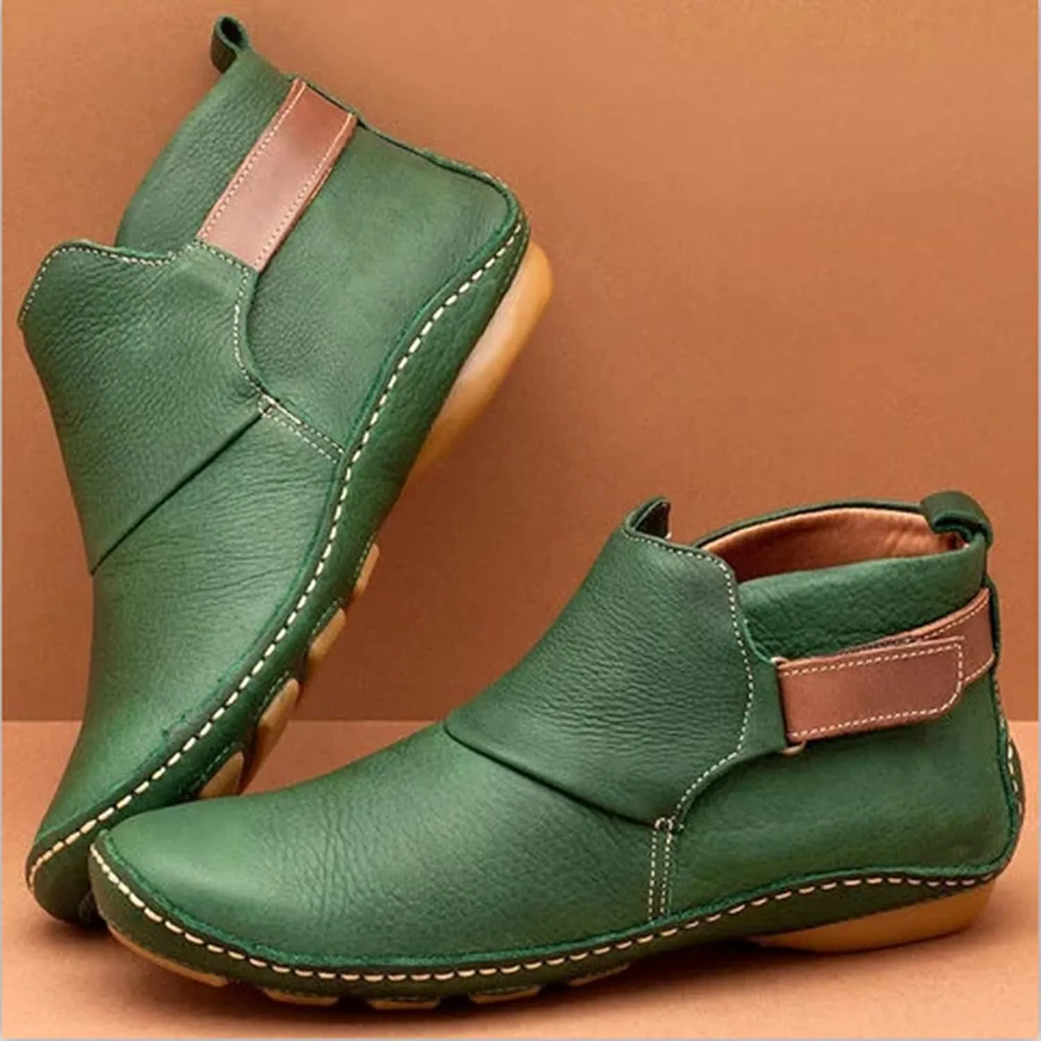 oiangi Womens Ankle Boots Fashion Buckle Strap Round Toe Low Wedge Heel Booties Retro Comfortable Casual Non-slip Riding Shoes