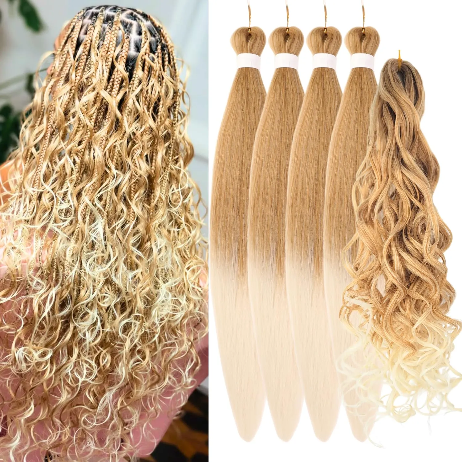 Ombre Blonde Braiding Hair Pre Stretched for Boho Braids 27/613 Hypoallergenic Synthetic Curly Boho Braiding Hair EZ Braid Pre Stretched for Bohemian Braids