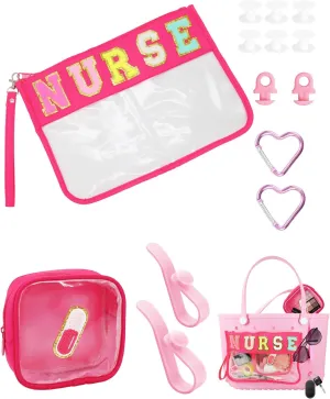 Onism 12PCS Medicine Bag Gifts Chenille Nurse Letter Bag Preppy Clear Makeup Meds Nylon Zipper Pouch Set PVC Transparent Mini First Aid, Pencil Pouch, Waterproof Travel Purse Organizer Accessories