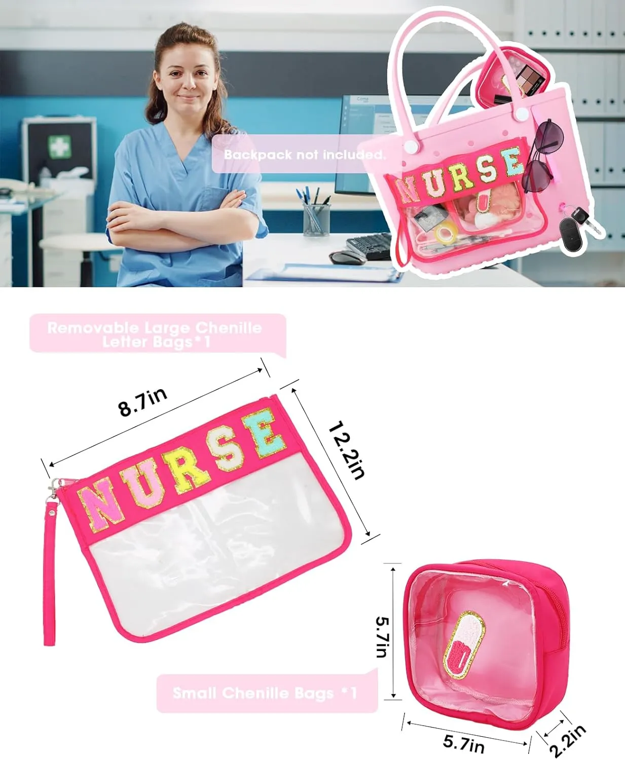 Onism 12PCS Medicine Bag Gifts Chenille Nurse Letter Bag Preppy Clear Makeup Meds Nylon Zipper Pouch Set PVC Transparent Mini First Aid, Pencil Pouch, Waterproof Travel Purse Organizer Accessories