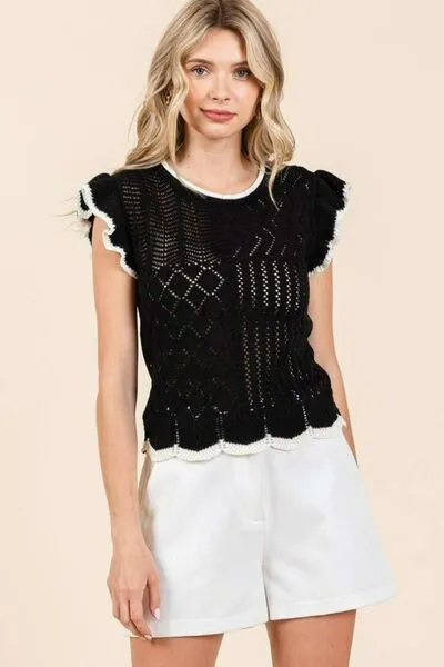 Openwork Contrast Trim Ruffled Cap Sleeve Knit Top