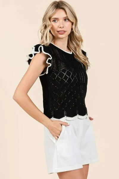 Openwork Contrast Trim Ruffled Cap Sleeve Knit Top