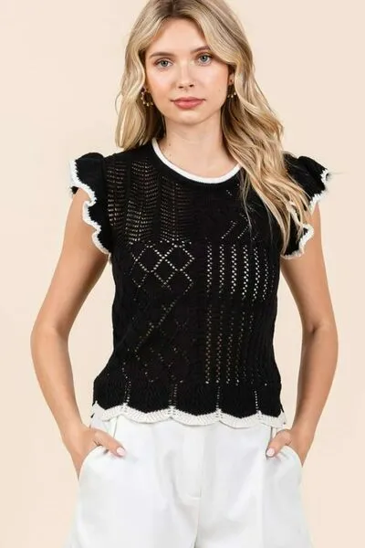 Openwork Contrast Trim Ruffled Cap Sleeve Knit Top