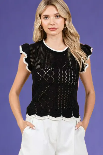 Openwork Contrast Trim Ruffled Cap Sleeve Knit Top