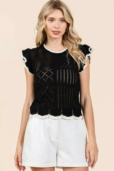 Openwork Contrast Trim Ruffled Cap Sleeve Knit Top