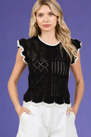Openwork Contrast Trim Ruffled Cap Sleeve Knit Top