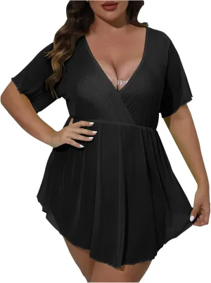 Oplxuo Womens Plus Size Sheer Mesh Swimsuit Cover Ups Dress Wrap V-Neck Short Sleeve See Through Dresses for Women Sexy Club