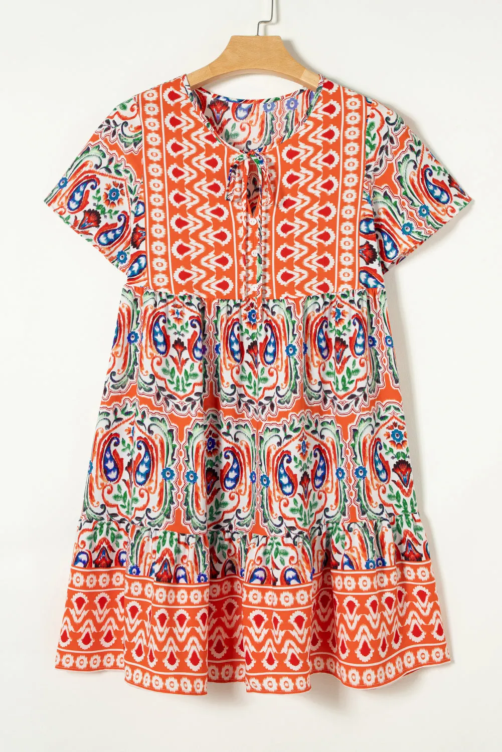 Orange Bohemian Print Tie Neck Ruffle Hem Short Dress