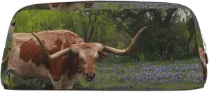 OUSIKA Longhorn Steer and Bluebonnets Pen Case Leather Pencil Bag Waterproof Portable Travel Cosmetic Bag Organizer Bag for Women, Silver, One Size, Coin Pouch