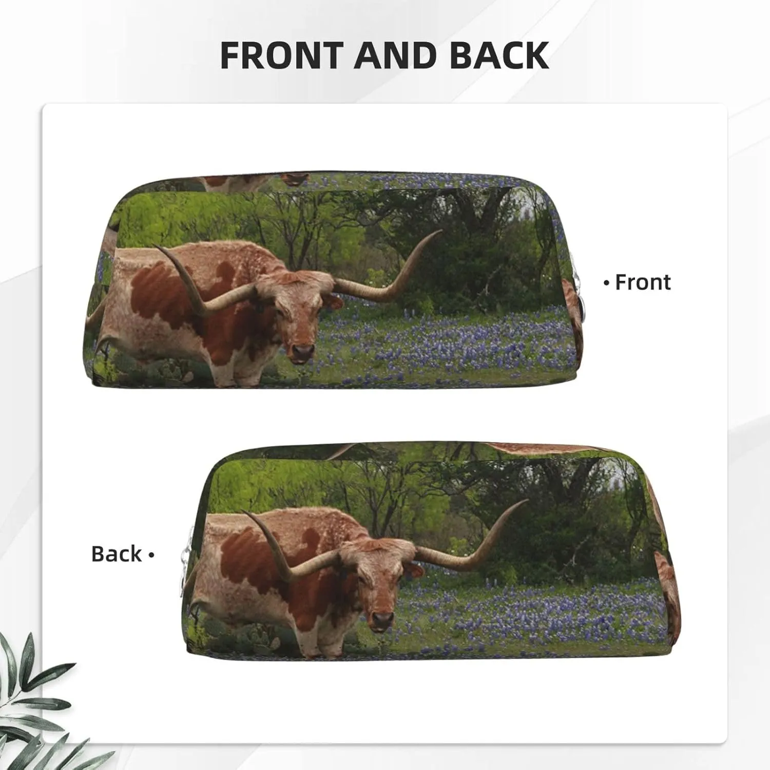 OUSIKA Longhorn Steer and Bluebonnets Pen Case Leather Pencil Bag Waterproof Portable Travel Cosmetic Bag Organizer Bag for Women, Silver, One Size, Coin Pouch