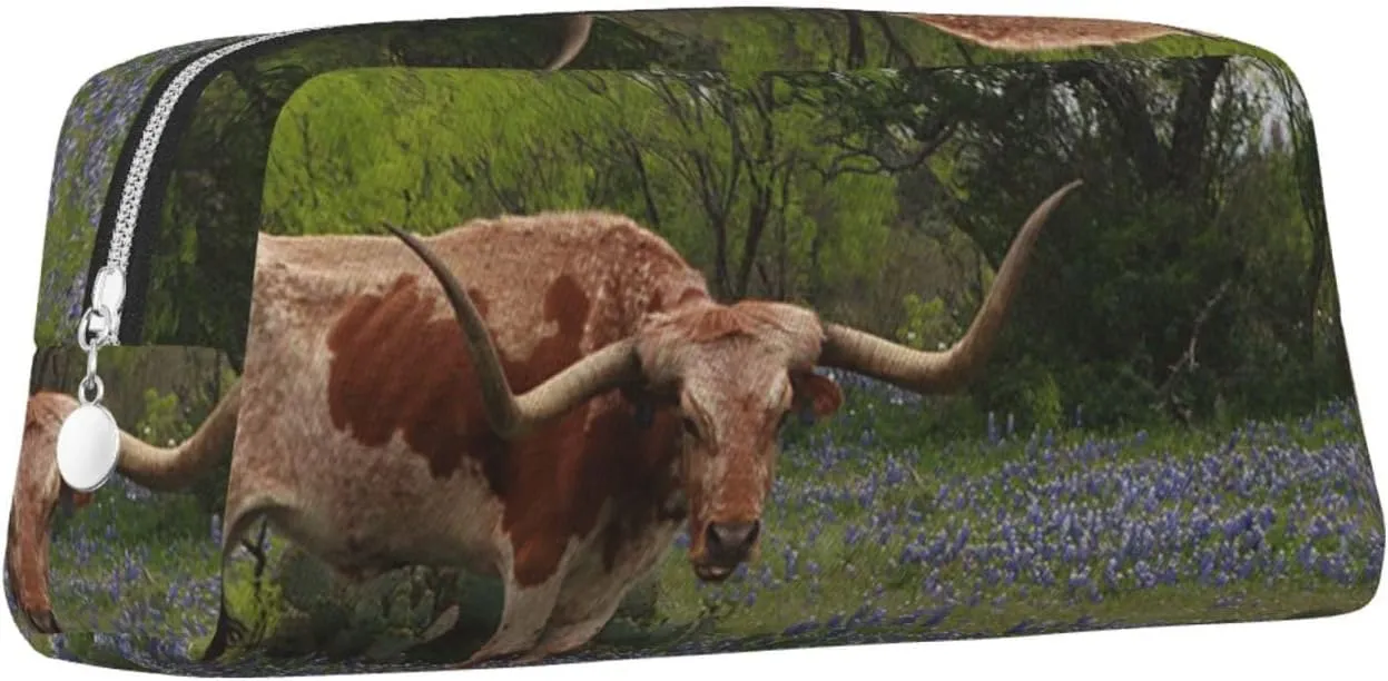 OUSIKA Longhorn Steer and Bluebonnets Pen Case Leather Pencil Bag Waterproof Portable Travel Cosmetic Bag Organizer Bag for Women, Silver, One Size, Coin Pouch