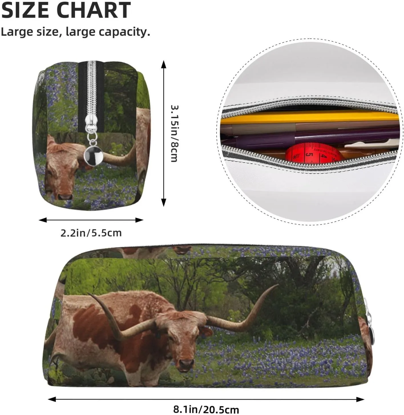 OUSIKA Longhorn Steer and Bluebonnets Pen Case Leather Pencil Bag Waterproof Portable Travel Cosmetic Bag Organizer Bag for Women, Silver, One Size, Coin Pouch