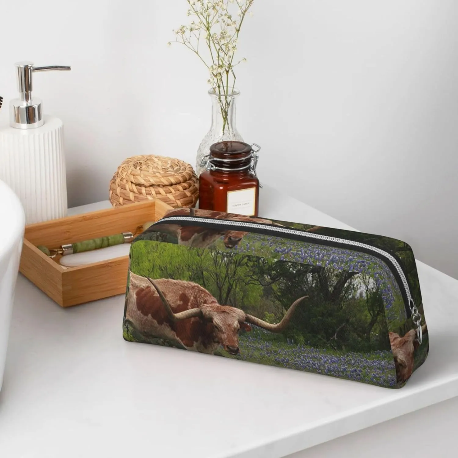 OUSIKA Longhorn Steer and Bluebonnets Pen Case Leather Pencil Bag Waterproof Portable Travel Cosmetic Bag Organizer Bag for Women, Silver, One Size, Coin Pouch