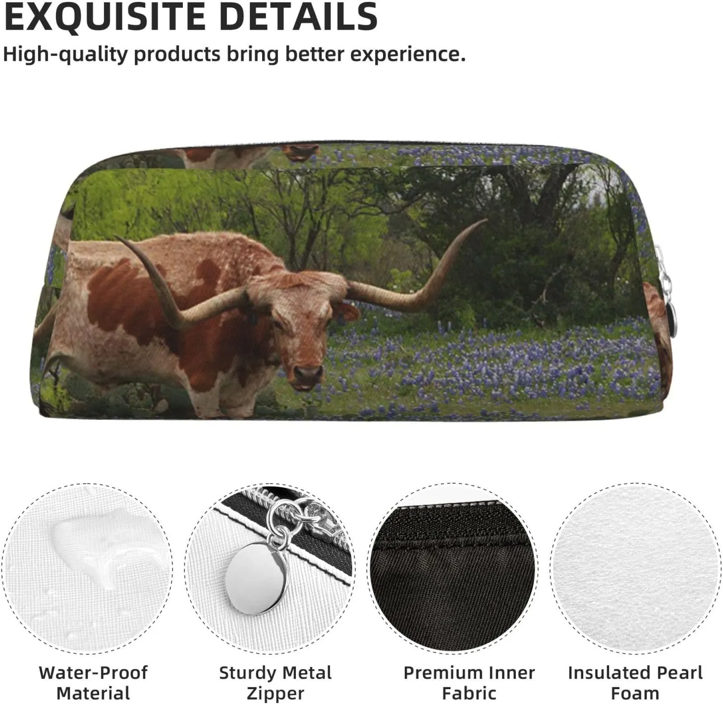 OUSIKA Longhorn Steer and Bluebonnets Pen Case Leather Pencil Bag Waterproof Portable Travel Cosmetic Bag Organizer Bag for Women, Silver, One Size, Coin Pouch