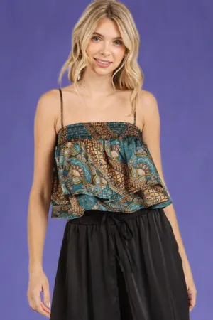 Paisley Patchwork Print Satin Ruffle Crop Cami