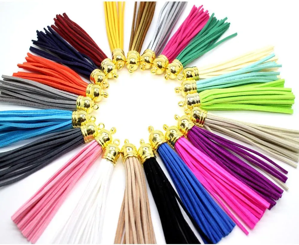 PAMIR TONG 30pcs Faux Leather Tassel For Keychain with Gold Caps Faux Suede Tassel Charm for Lanyard Straps DIY Tassel Charms for Rubber Beads Keychain-Jewelry Making-Handbags-Purse Decorations